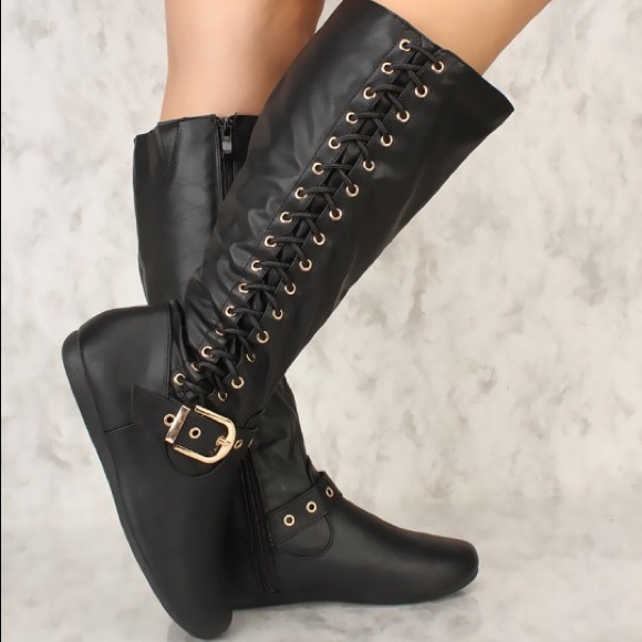 5⭐️BLACK Lace Up Mid-Calf Round Flat Boots- Shoe - Picture 2 of 3